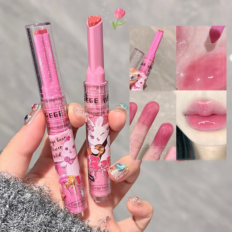 GECOMO Watery Mirror Lip Gloss, Garden Rabbit Lipstick Set, Press-on Lovely Lip Gloss